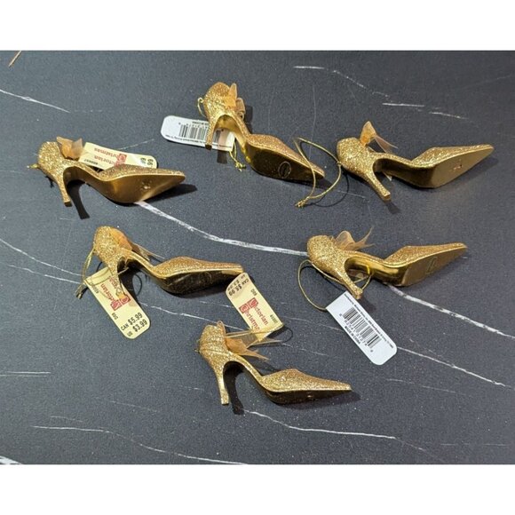 Christmas Gold tone Glitter Pump shoe Ornaments - Pack Of 6 High Heel Décor - Picture 6 of 9